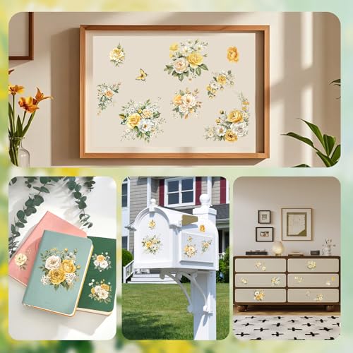 Flowers Rub On Transfers for Furniture and Crafts, 3pcs Yellow Rose Flowers Transfers Stickers Waterproof Decals for Bookcase Wardrobe DIY Home Door - color: Yellow Roses