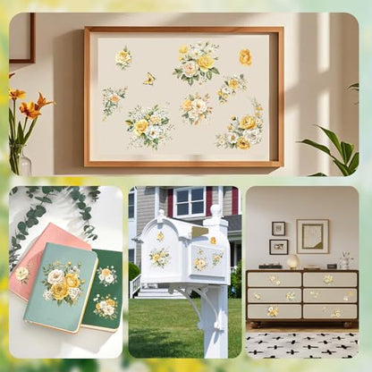 Flowers Rub On Transfers for Furniture and Crafts, 3pcs Yellow Rose Flowers Transfers Stickers Waterproof Decals for Bookcase Wardrobe DIY Home Door - color: Yellow Roses
