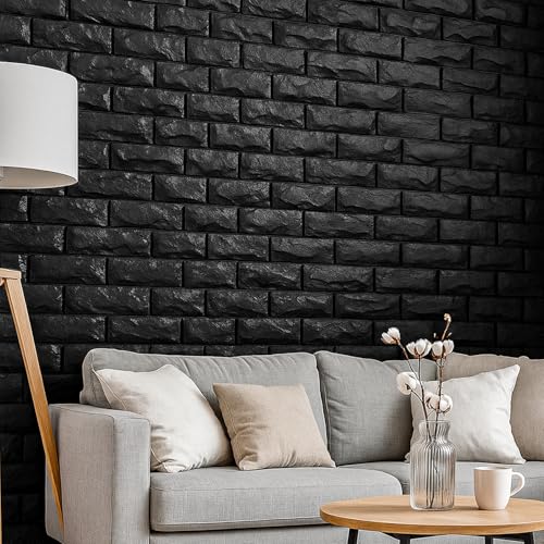 Circloophs 30 Pcs 3D Wall Panels Stick and Peel, Black Brick Printable 3D Wallpaper Stick and Peel Self Adhesive Waterproof Foam Faux Brick Paneling for Bedroom, Bathroom, Kitchen, Fireplace - color: Black