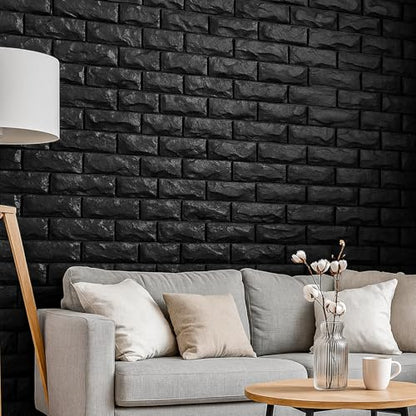 Circloophs 30 Pcs 3D Wall Panels Stick and Peel, Black Brick Printable 3D Wallpaper Stick and Peel Self Adhesive Waterproof Foam Faux Brick Paneling for Bedroom, Bathroom, Kitchen, Fireplace - color: Black