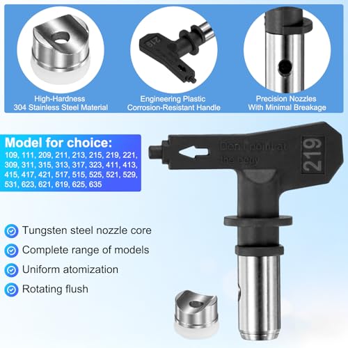 M METERXITY 1-Set Airless Paint Sprayer Tips, Tungsten Steel Reversible Spray Tips with 1 Pad for Homes/Buildings/Garden/Decks/Fences [Black, 219] - size: 219