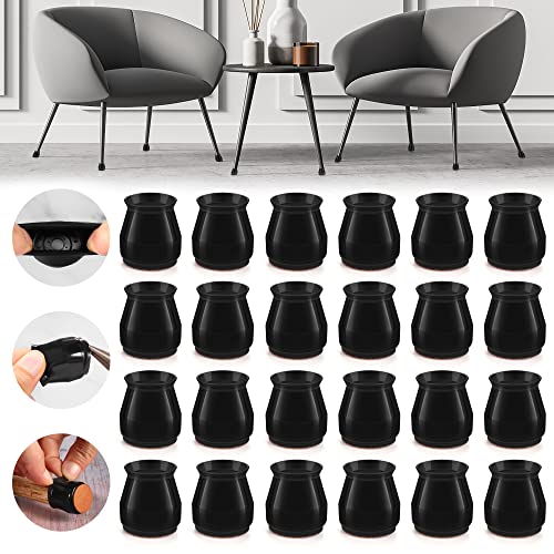 24PCS Upgraded Silicone Chair Leg Floor Protectors for Hardwood Floors, Furniture Sliders for Chair Legs, Felt Bottom Furniture Pads, Anti-Slip Round&Square Cap Covers to Scratch and Reduce Noise - color: Solid Black-24pcs, size: Universal Small(Fit:0.79"