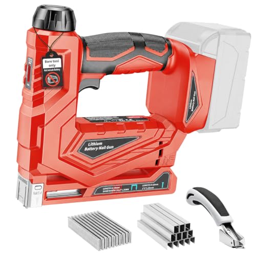 3/8" Cordless Staple Gun Compatible with Milwaukee 18V Battery (Tool Only), 2-in-1 Electric Nail Gun & T50 Crown Stapler, with 1000 Staples & 1000 Nails for Woodworking Leather & DIY - color: Red, Tool Only