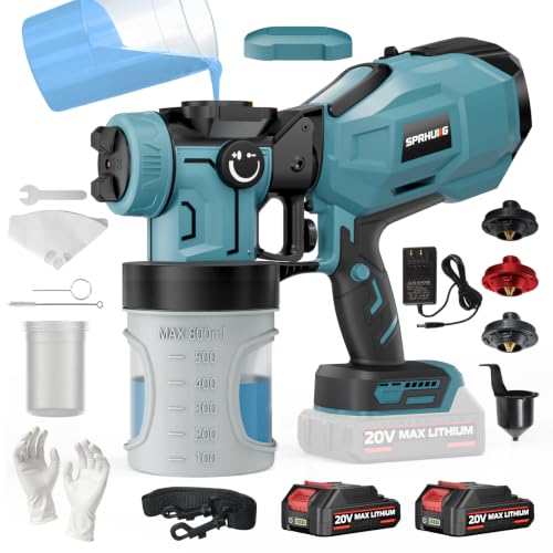 Cordless Paint Sprayer with 2×2000mAh Batteries, 1200W HVLP Spray Gun with 3 Brass Nozzles & 5 Reusable Cups, Electric Sprayer for Furniture, Cabinets, Walls, Fence, and House Painting Green - color: Green
