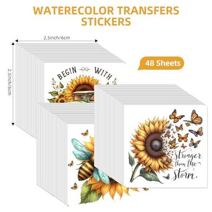 48 Sheets Rub on Transfers for Crafts and Furniture Rub on Transfer Stickers Decals for Wood,2.5 * 2.5inch (Sunflower) - style: Sunflower