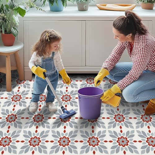 HOMETITUTE Nordic Red Grey Flower Peel Stick Floor 12x12 in Vinyl Flooring - color: Red