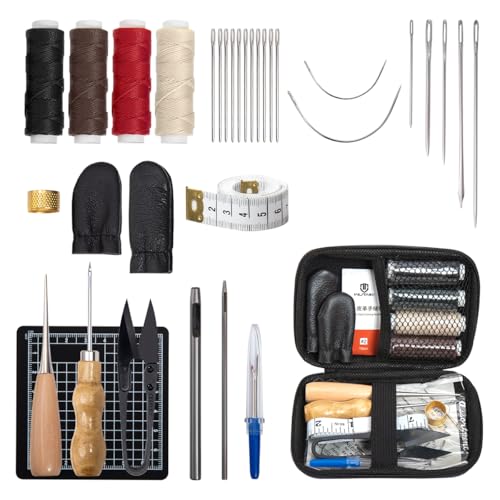 WUTA Leather Sewing Kit, Leather Stitching Kit with Sewing Awl, Needles, Waxed Thread, Upholstery Repair Kit, Heavy Duty Sewing Tools for Hand Stitching Car Seats, Sofa, Carpets, Shoes, DIY Craft - color: Set b