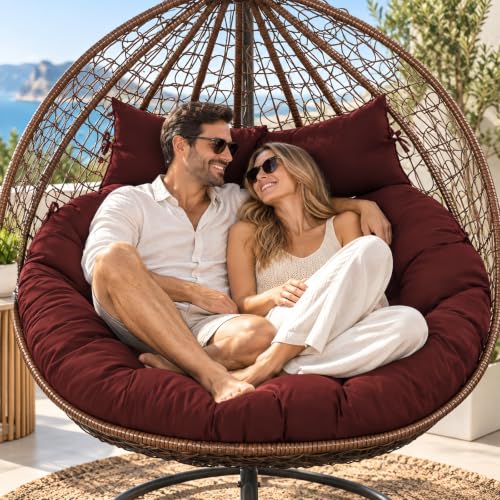 Outdoor Double Egg Chair Cushion Replacement Waterproof Thickened Cotton Hanging Basket Egg Chair Cushion 55x35 Inch Universal Fit for Patio Wicker Swing Chair (Red) (Cushion ONLY) - color: Red