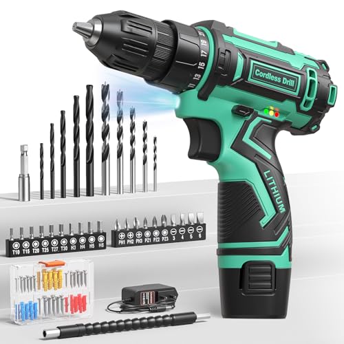 Cordless Drill Set,12V Power Drill Driver 3/8" Keyless Chuck with 92 Acessories, Built-in LED Light, 25+1 Position, Electric Drill for Home DIY Projects（Cyan） - color: Cyan