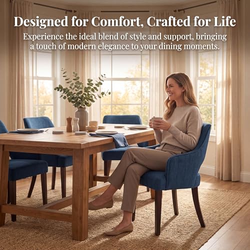 chairus Upholstered Farmhouse Dining Chairs Set of 4, Blue Linen Fabric Dining Room Chairs with Arms, Solid Wood Curved Back Kitchen Accent Side Chairs for Dining Room/Living Room, Blue - color: Blue