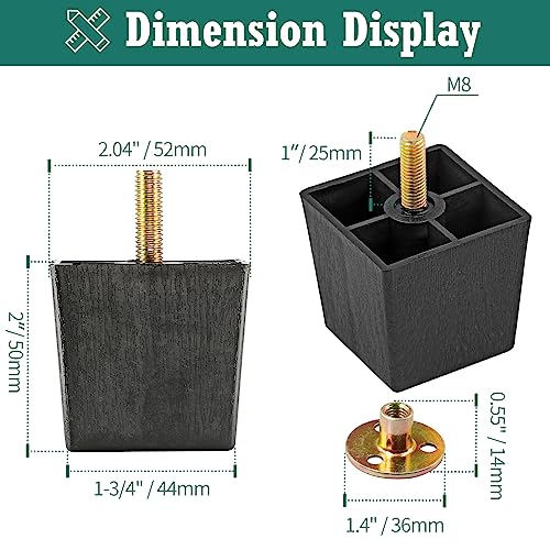 4pcs Plastic Square Legs 2" with Plate Nuts, M8-1.25 Thread - size: 2 Inch, M8-1.25 Metric Bolts