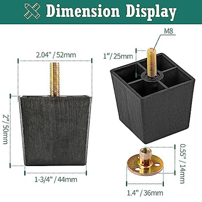 4pcs Plastic Square Legs 2" with Plate Nuts, M8-1.25 Thread - size: 2 Inch, M8-1.25 Metric Bolts
