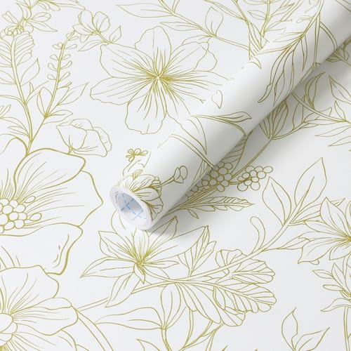 GloryTik Peel and Stick Wallpaper Floral Contact Paper Modern White and Gold Removable Self Adhesive Wall Paper for Bathroom Bedroom Cabinets Boho Vinyl Roll Papel Tapiz para Pared 17.3"x78.7" - color: Yellow, size: 17.3" x 78.7"