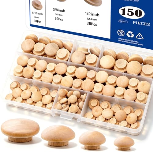 Tnisesm 150Pcs 4 Sizes Wood Plugs 3/16 Inch, 5/16 Inch, 3/8 Inch, 1/2 Inch Wooden Hole Plugs Button Plugs Hardwood Hole Plugs for Holes in Locking Hole Tube Furniture, Mushroom Head Shape - color: 150pcs-mushroom Shaped