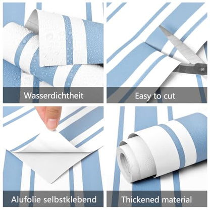 Blue Striped Peel and Stick Wallpaper 17.3" x 1200" - color: Blue, size: 17.3" x 1200"