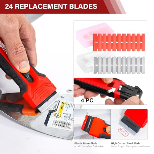HAUTMEC Razor Blade Scraper Tool With 24Pcs Extra Blades, 10 Plastic Rozor Blades, 14 Carbon Steel Razor Blades, Removing Decals, Stickers, Labels for Glass, Tile, Window, Car, Cooktops 25031 - style: 1.52" Wide