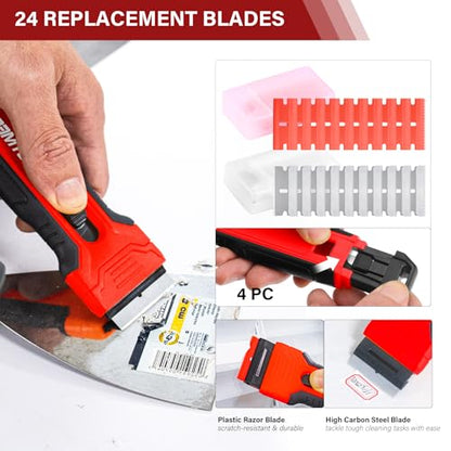 HAUTMEC Razor Blade Scraper Tool With 24Pcs Extra Blades, 10 Plastic Rozor Blades, 14 Carbon Steel Razor Blades, Removing Decals, Stickers, Labels for Glass, Tile, Window, Car, Cooktops 25031 - style: 1.52" Wide