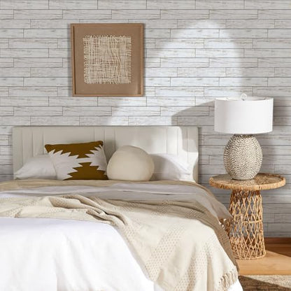 COMSTICKC 3D Faux Wood Wall Sticker Shiplap Peel and Stick, Not Real Wood - color: Gray-White