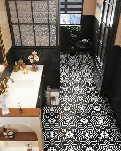 MORCART 20Pcs Peel and Stick Floor Tile, 7.87"x 7.87" Vinyl Flooring, Removable DIY Self Adhesive Flooring for Bathroom Kitchen Fireplace Stairs Bedrooms Wall Pantry Room Waterproof Black - color: MORCART FT1691-20 black