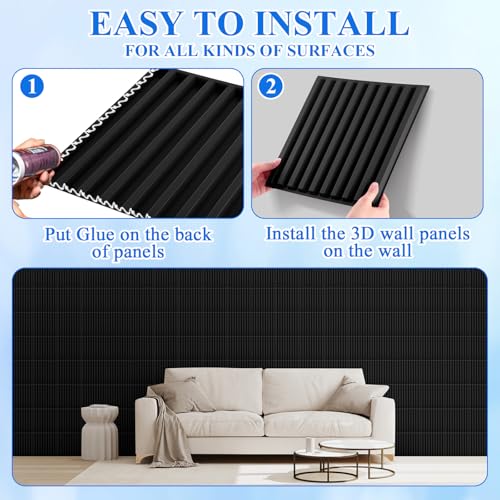 Nuanchu 32 Pcs 3D Wall Panels, 12"x12" PVC Fluted Tiles, Black - color: Black