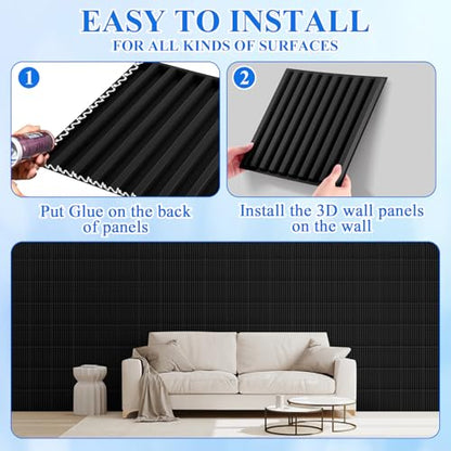 Nuanchu 32 Pcs 3D Wall Panels, 12"x12" PVC Fluted Tiles, Black - color: Black