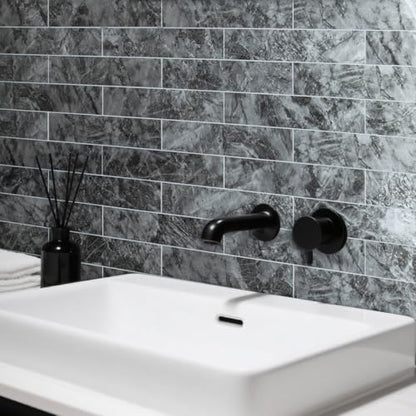 AULIGET 40-Piece Polished Dark Grey Marble Peel and Stick Backsplash Wall Tiles, 3" x 12" PVC Faux Stone Stick on Tiles for Backsplash Kitchen, Bathroom, Laundry Room, Camper, Fireplace - color: Polished Dark Grey Marble, size: 40 Pieces, 3"x12"x0.12"