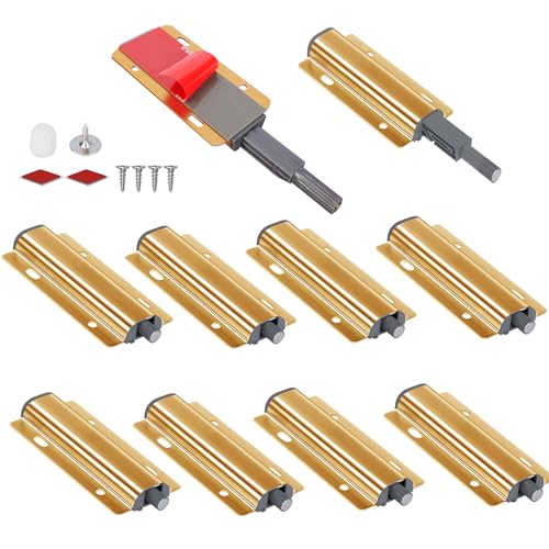 Push to Open Door Latch, 10 Pack Gold Magnetic Push Latches, Adhesive Heavy Duty Touch Latch Hardware for Push to Open Cabinet, Magnetic Door Catch for Cabinet Drawer Wardrobe Kitchen Door - color: Gold