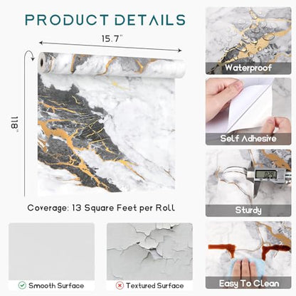 VEELIKE Black White Marble Contact Paper with Gold Veins Peel and Stick Countertops Waterproof Thick Marble Wallpaper for Kitchen Bathroom 15.7''x118'' Self Adhesive Granite Vinyl Countertop Covers - size: 15.7" x 118"