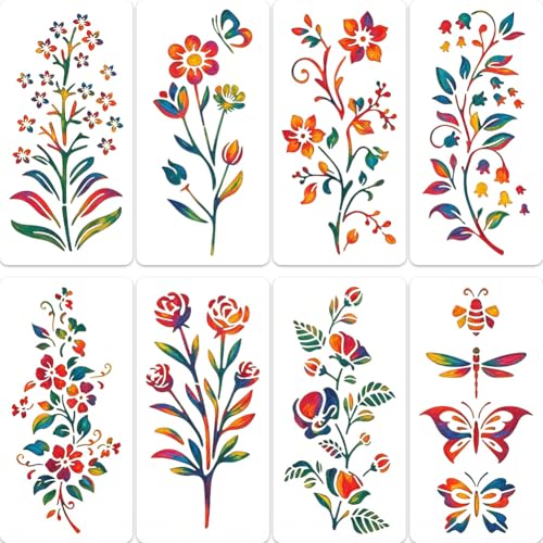 8Pcs 8 Styles Flower Stencil Set for Drawing 11.8 x 5.9 Inch Botanical Wall Stencils Floral Pattern Reusable PET Plastic Hollow Out Drawing Template for Wood Wall Glass DIY Crafts Art Decor - color: Flower