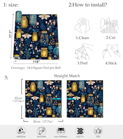 Enchanted Firefly Jar Peel and Stick Wallpaper, Night Botanical Wallpaper - color: ML-M036, size: 17.7" x 118"