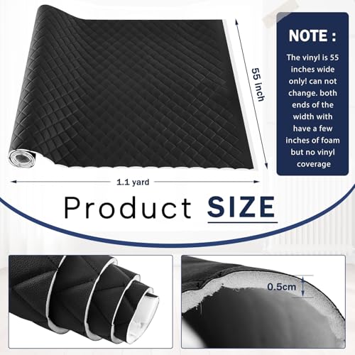 SmoothNovelty 1.1 Yards Diamond Quilted Vinyl Headliner Material 55 in Wide Faux Leather with Foam Backed 2" x 3" Diamonds Pattern Fabric for Car Furniture Upholstery(Black) - color: Black, size: 1.1 Yards