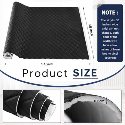 SmoothNovelty 1.1 Yards Diamond Quilted Vinyl Headliner Material 55 in Wide Faux Leather with Foam Backed 2" x 3" Diamonds Pattern Fabric for Car Furniture Upholstery(Black) - color: Black, size: 1.1 Yards