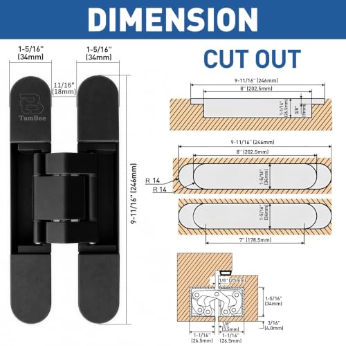 TamBee 9.7 inch Hidden Door Hinges Concealed Hinge - color: Black, size: 9.7inch 2pcs