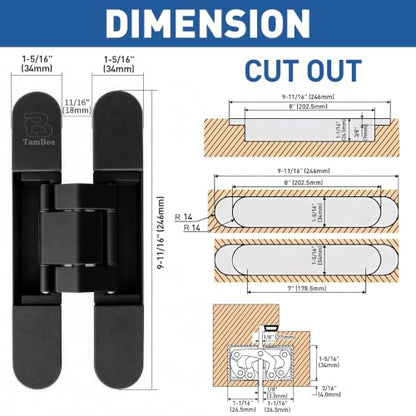 TamBee 9.7 inch Hidden Door Hinges Concealed Hinge - color: Black, size: 9.7inch 2pcs