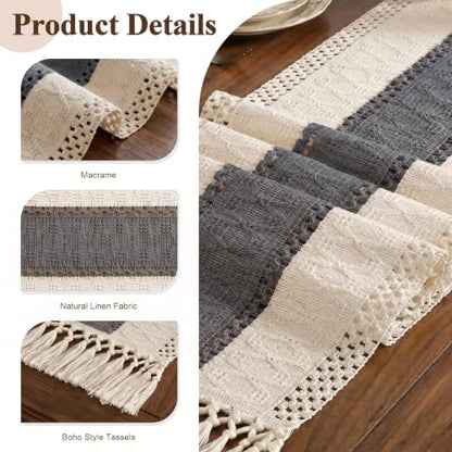 Boho Macrame Table Runner with Tassels 48in Grey Farmhouse Runner - color: White & Grey, size: 12'' x 48''