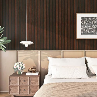 FunStick 36"x200" Dark Brown Slats Wood Peel and Stick Wallpaper Faux 3D Walnut Wood Slats Wall Paper Decor for Bedroom Bathroom Living Room Walls Shelves Removable Wood Grain Contact Paper Waterproof - size: 200" x 36"