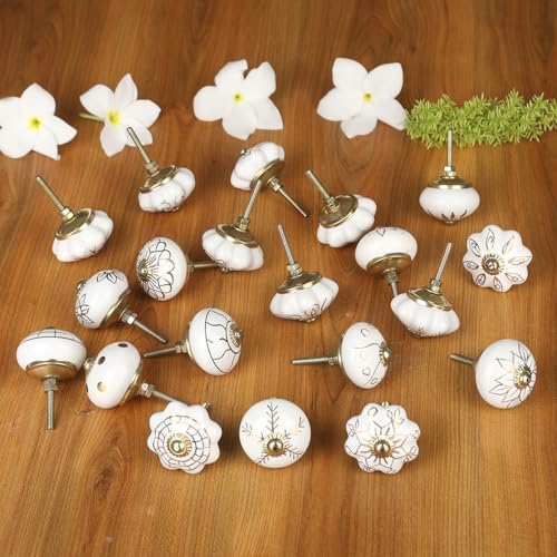 Craft Trade Decorative Ceramic Cabinet & Drawer Knobs – Kitchen Cabinet Hardware, Wardrobe, Cupboard & Dresser Pull Handles – Handmade Furniture Knobs (Off White, Set of 20) - color: Gold, style: 20