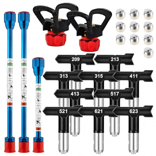 15 PCS Reversible Airless Spray Tips Set, 10 Spray Tips with 3 Extension Rods and 2 Nozzle Seats for Airless Paint Sprayer, Wall, Fence, Deck, Cabinet and House Painting