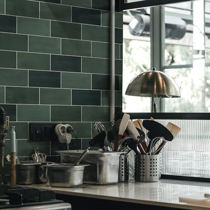 100-Sheet Subway Peel and Stick Backsplash Tile, 6" x 3" Green Mixed Stone Composite Handmade Looks Self Adhesive Waterproof Wall Tile, Stick on Tiles for Kitchen Bathroom - color: Green Mixed, size: Subway