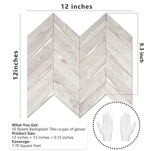 STICKGOO 10-Sheet Herringbone Tile Peel and Stick Backsplash, Beige Mixed Metal Gold PVC Stick on Backsplash, Self Adhesive Wall Tile for Kitchen and Bathroom - color: Grayish Beige Mixed Metal Gold