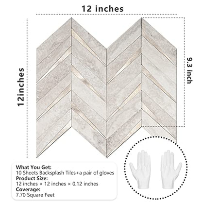 STICKGOO 10-Sheet Herringbone Tile Peel and Stick Backsplash, Beige Mixed Metal Gold PVC Stick on Backsplash, Self Adhesive Wall Tile for Kitchen and Bathroom - color: Grayish Beige Mixed Metal Gold