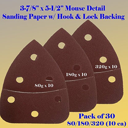 30PC Assorted Mouse Detail Sander Sandpaper Sanding Paper Hook & Loop Assorted 80 180 320 Grits 5.5" X 3.875" Grit for Black & Decker, Craftsman, Ryobi Cat Mouse,