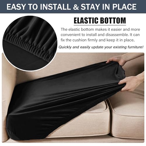 Stretch Cushion Cover, Soft Velvet Plush Cushion Slipcovers Loveseat Sofa Covers Couch Seat Covers Furniture Protector with Elastic Bottom (Large, Black) - color: Black, size: Large