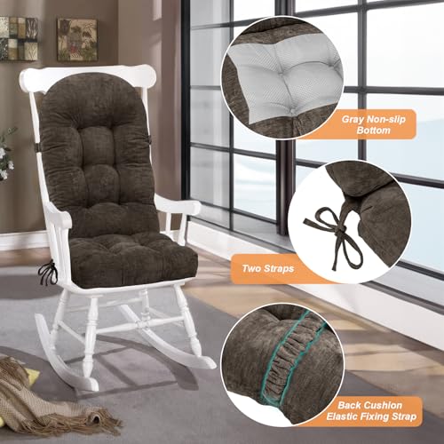 Rocking Chair Cushion - Chenille Fabric, High-Density Sponge, Durable Comfort Non-Slip Bottom Tufted Seat Pads with Ties, Chenille︱Dark Brown, 44x19x4 inch - color: Dark Brown