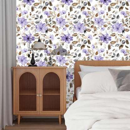 Modern Purple Floral Peel and Stick Wallpaper 17.7" x 124" - color: Purple/Brown, size: 17.7" x 124"