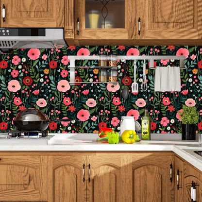 Dark Boho Floral Vinyl Peel and Stick Wallpaper 17.5"x 393" - color: Black, size: 17.5" x 393"