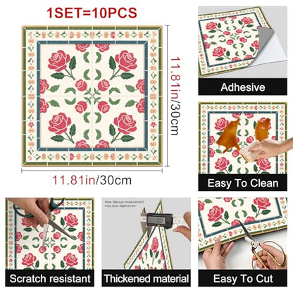 HOMETITUTE Red Rose Colorful Border Floor 12in Vinyl Tile - color: Red
