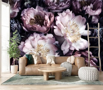 Peel and Stick Purple Peony Floral Wallpaper Black Flower wall Mural - color: M03, size: 137"x96"