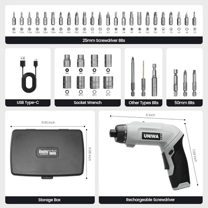 UNIWA Cordless Electric Screwdriver Rechargeable-650 RPM Power Drill-Grey - color: Grey