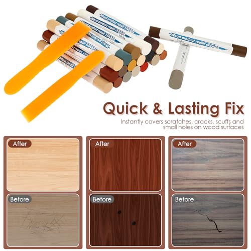 Furniture Repair Kit with 22 Pieces, Lasting Result, Wood Crayons Marker, Wood Paint Touch Up Pen, Wood Floor Scratch Repair Kit for